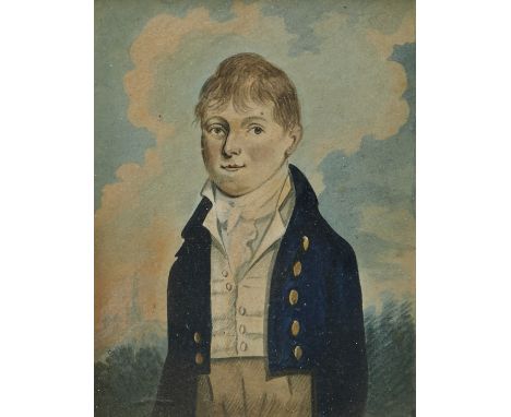 British Provincial School,  early 19th century- Portrait of a boy, standing half-length, wearing a blue coat and a white wais