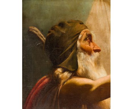 Circle of Jean-Léon Gérôme,  French 1824-1904- Portrait of a bearded man in costume, wearing a cap; oil on board, 49.5 x 40.8