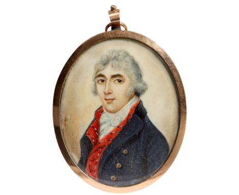 English School,  late 18th century- Gentleman wearing a blue coat with a red striped waistcoat, his hair powdered; watercolou