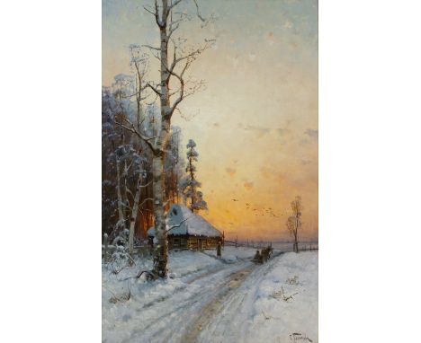 Semen Platonov,  Russian 1860-1925- A winter landscape at sunset with a cottage, figures, and a troika on a country lane; oil