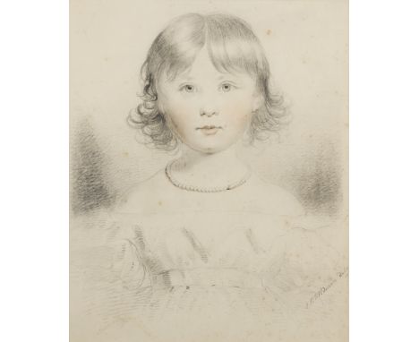 John Robert Wildman,  British 1788-1843- Portrait of a young girl, quarter-length, wearing a beaded necklace; black and red c