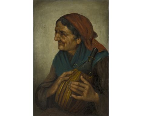 Italian School,  19th century- A Pair of Figure Studies: A woman with a red headscarf holding a bottle; and A man with a bere