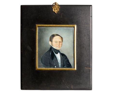 Clemens,  German school, mid 19th century- Portrait of a gentleman, quarter-length, wearing a black jacket and blue waistcoat
