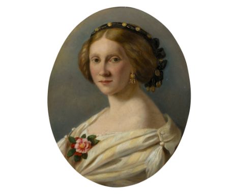 Circle of Hermann Winterhalter,  German 1808-1891- Portrait of a lady, bust-length, with a black ribbon adorned with gold in 