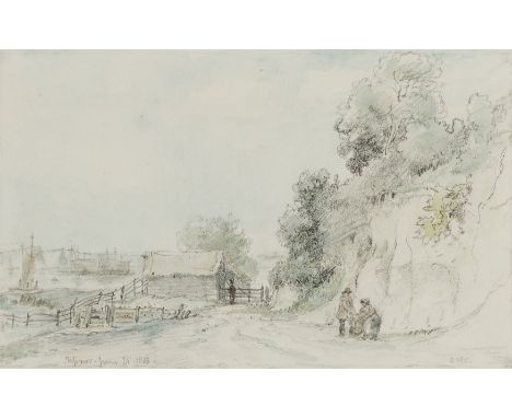 Edward William Cooke,  British 1811-1880- Figures pausing on a path at Upnor, Kent; pencil and watercolour on paper, signed w