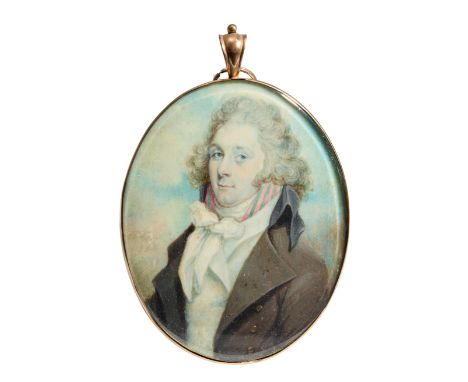 William Singleton,  British ?-1793- Portrait of a gentleman, quarter-length, wearing a brown coat and white stock with a pink