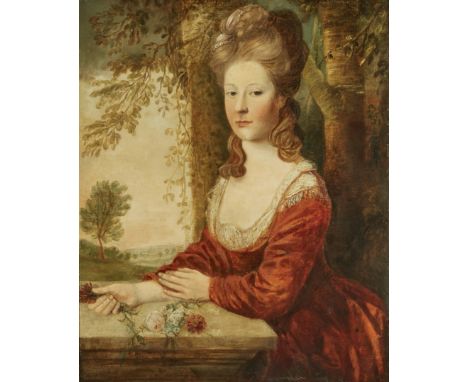 Circle of Tilly Kettle,  British 1735-1786- Portrait of a lady, half-length, leaning against a pedestal in a wooded landscape