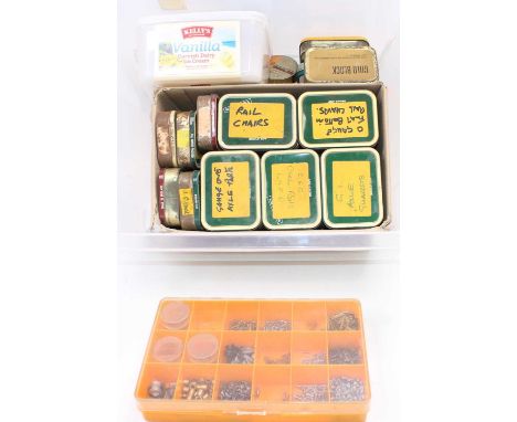 Large plastic crate containing many spares for the manufacture of O gauge (possibly a few Gauge 1) models. Contains 25 2oz to