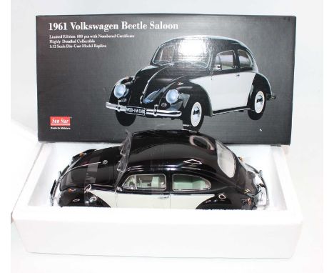 Sun Star 1/12th scale diecast model of a 1961 Volkswagen Beetle Saloon, housed in the original polystyrene packed box, black 