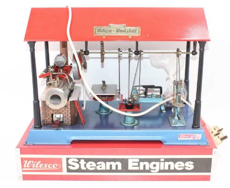 A Wilesco electrically operated steam engine shop display model, comprising of electrically powered Wilesco boiler, connected