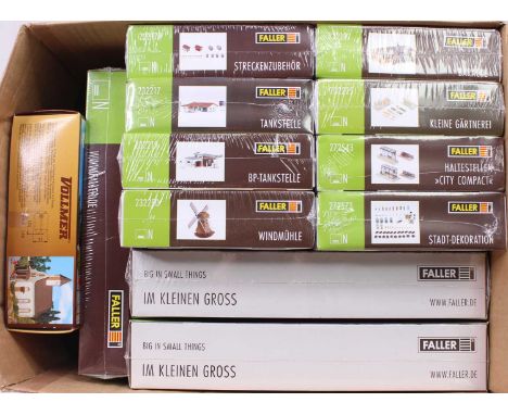 Eleven Faller and one Vollmer N gauge kits, all (M-BM). Faller – 222178 trackside, 232217 service station, 232250 windmill, 2