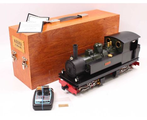 Radio Controlled Gas Powered Model of a 32mm scale 0-4-0+0-4-0 locomotive, finished in green and named Kaiser, maker unknown,