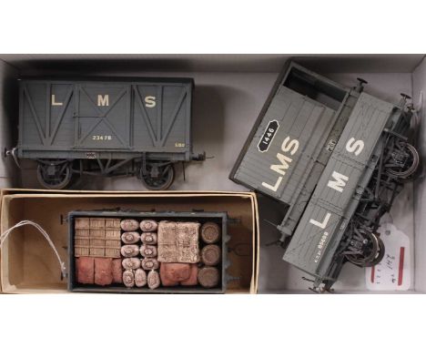 Four kit built o gauge LMS wagons, exhibition quality, finescale wheels, all with Dingham couplings, all light/mid grey: 8 to