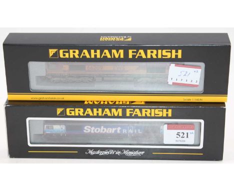 Two Farish N gauge diesel locos: 371-384 class 66 66209 EWS weathered 6DCC; with 371-391 class 66/9 66411 ‘Eddie the Engine’ 