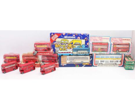 One box of buses by various makers, to include a Corgi Routemaster and a Zylmex Londoner in “Selfridges “ livery and a Lincol