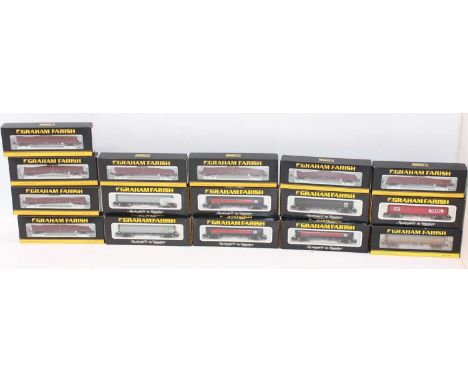 Sixteen Farish N gauge bogie goods wagons: 8 x 377-650 MBA Megabox high sided EWS box wagons; 2 x 3702 100 ton Shell/BP grey 
