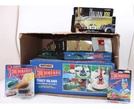 A large box of boxed modern T.V related models to include the following: A Matchbox Thunderbirds Tracy Island with sound and 