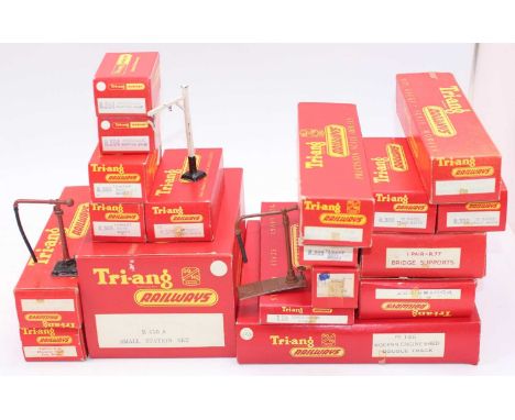 Box of Triang accessories including R146 engine shed, R458A small station set, R71 footbridge, and approx. 16 boxes of other 