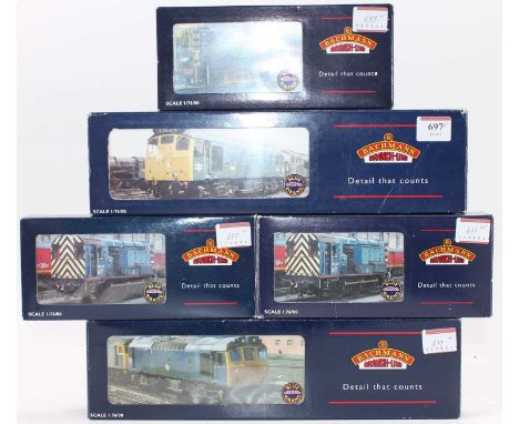 Five Bachmann Branchline diesel locos: 32-110 class 08 BR black 13029 early emblem hinged door type; 32-102B class 08 BR blue