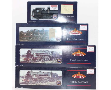 Four Bachmann Branchline locos: 32-211 57xx class pannier tank 0-6-0 7739 BR black early emblem; 32-505 Standard class 5MT 4-