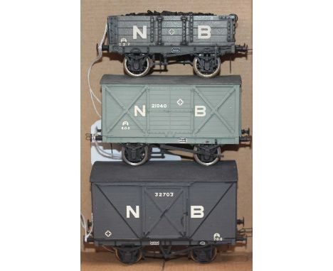 Three kit built 0 gauge North British (NB) wagons, exhibition quality, finescale wheels, Dingham couplings: 4-plank coal wago