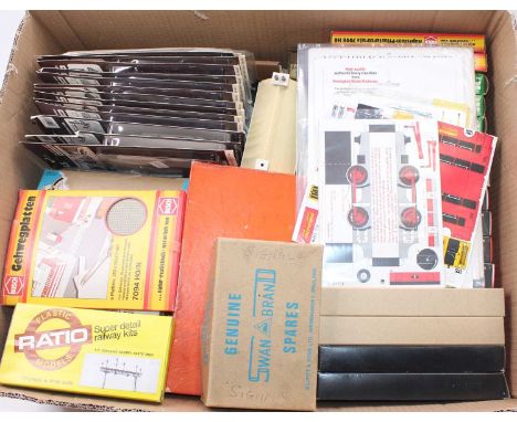 A large box containing lineside and scenic kits by Wills, Merit, Busch, including station buildings, engine sheds, signal box