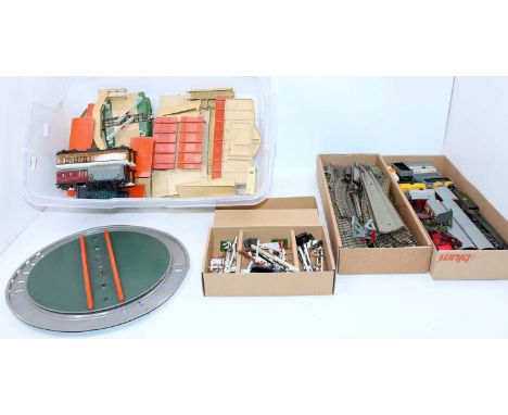 Large plastic crate containing a Hornby Dublo 3-rail collection comprising Duchess of Montrose matt loco &amp; tender (playwo