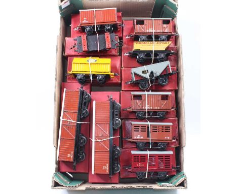 Eleven Hornby goods wagons, mainly post-war, overall (VG-E) (BVG-E): 2 x No. 2 NE goods wagons; BR Milk traffic maroon; BR ca
