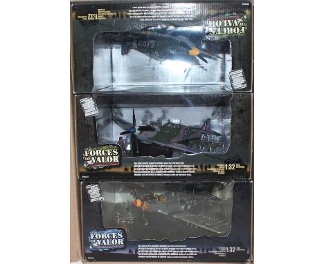 One box containing 3, 1:32 Forces of Valor aircraft in window boxes, 2 x Spitfires and a 51d Mustang (needs a light dusting).