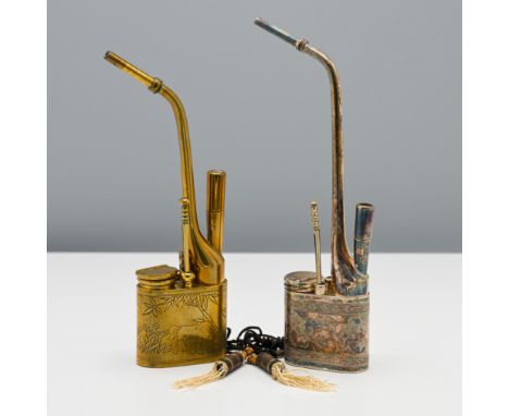 A Chinese Export silver opium pipe, the rounded rectangular base incised with insects, fish and crustaceans amongst a floral 