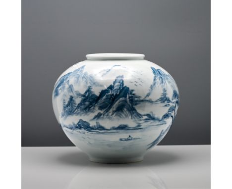 A Korean blue and white jar, 19th/20th century, Joseon Dynasty or later, the broad ovoid body painted in Chinese ‘Master of t