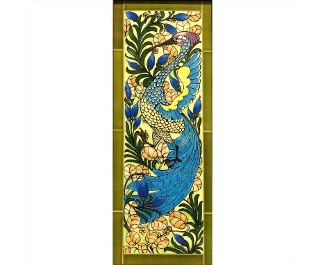 A three-tile decorative panel, after William De Morgan, by Su Turner, late 20th/ early 21st century, painted with a mythical 