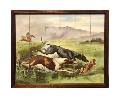 A Victorian hand-painted thirty-tile panel, painted with a hare coursing scene after the original by George Bouverie Goddard,