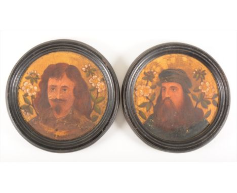 A pair of mid 19th century portrait roundels, indistinctly signed, possibly originally inset into furniture, oil on wood with