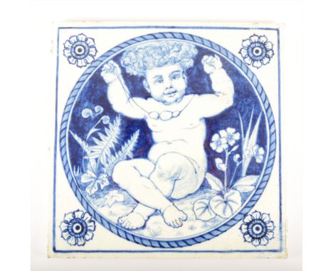 A hand-painted decorative 8" tile, by Minton's Art Pottery Studio, Kensington Gore, circa 1872, under-glaze painted with a ro