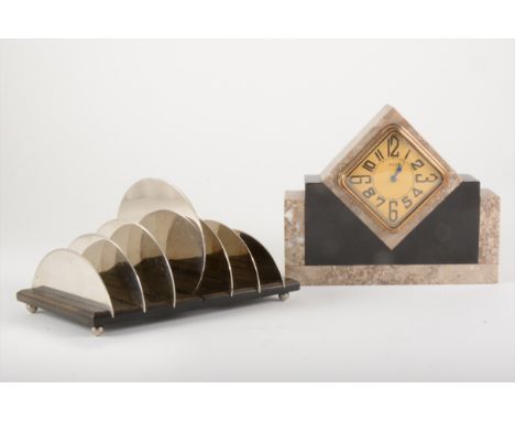 A small Art Deco marble desk clock, the gilt faced square dial with Arabic numerals and signed DEP, cylinder French movement,