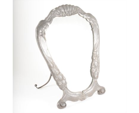 An Art Nouveau pewter mirror with peacock design, attributed to Friedrich Adler for Osiris, circa 1905, shaped mirror plate, 