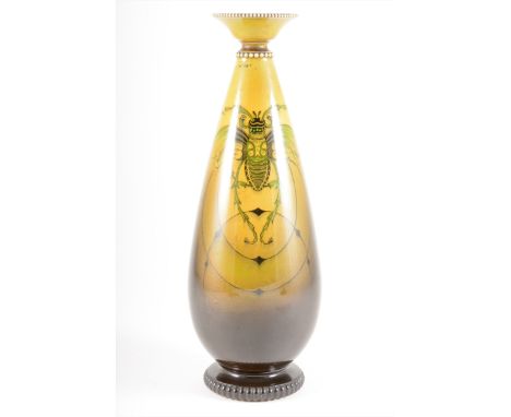An Art Pottery vase with beetle design, by Thomas Forester Pottery, circa 1900, the tapering body with Egyptian-esque beetle 
