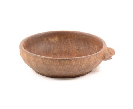 An oak bowl by Robert ' Mouseman ' Thompson of Kilburn, adzed finish, carved signature mouse to the exterior, bowl 15.8cm dia