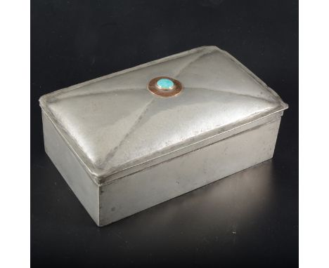 An Arts and Crafts 'Tudric' pewter cigar box, by Liberty &amp; Co., circa 1900, the rectangular domed cover set with a hammer