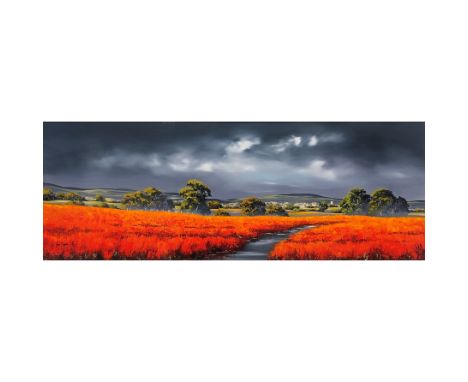 Allan Morgan, Contemporary landscape, signed, acrylic on board, with certificate, 36.5 x 100cm, mounted and framed.
