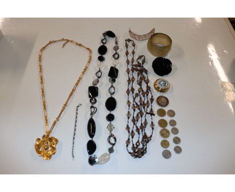 A box of modern jewellery including bead necklaces, bangle, brooch, a Sant Laurent necklace with flower pendant and a collect