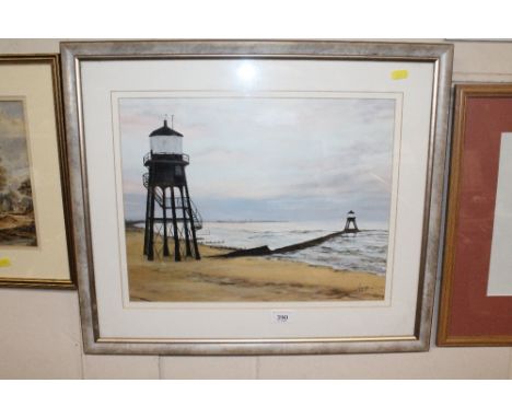 A framed and glazed watercolour of Dovercourt light house