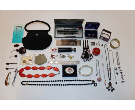 A box containing evening bag, various jewellery including necklaces, brooches, earrings, Parker pens, cufflinks, coin bracele