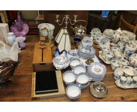 An anniversary clock together with various silver plated ware; Woods & Sons tea and dinnerware; novelty train box; Tiffany st