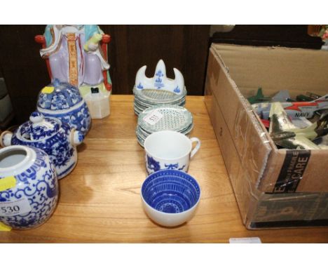 A collection of Staffordshire dolls plates with green and white transfer print decoration; a late 18th Century blue and white