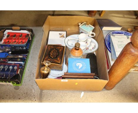 A box containing various sundry items to include inlaid trinket box; Crown Derby thimbles; whisky decanter etc