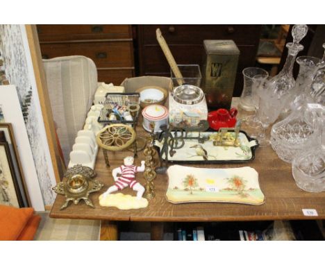 A quantity of various metal ware and china including Royal Doulton, miniture brass candle sticks, brass trivets, Lurpak toast