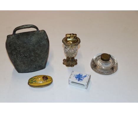 A cowbell, a halcyon days brass cut glass table lighter, a glass &amp; brass ink well, a cloisonn&eacute; box &amp; cover, a 