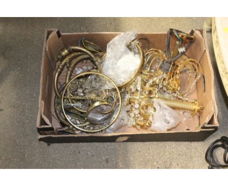 A box of various light fittings some with glass prism drops etc